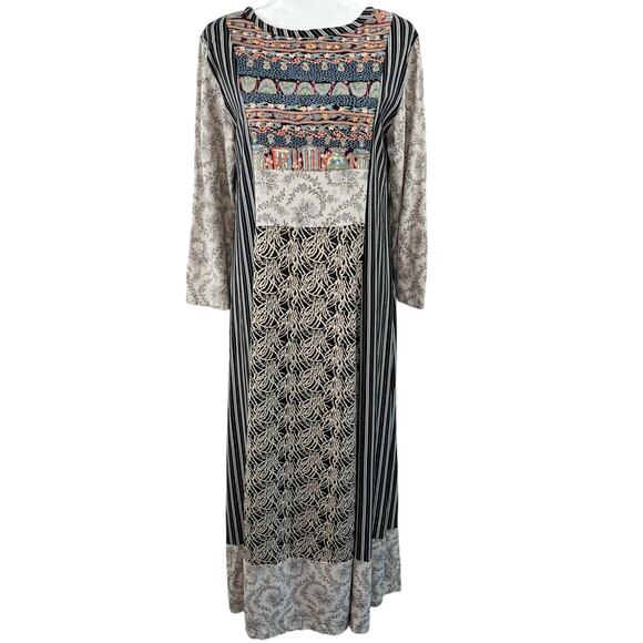 Black Stripe Floral Mixed Print 3/4 Sleeve Eclectic Boho Maxi Shift Dress Medium - Picture 1 of 14